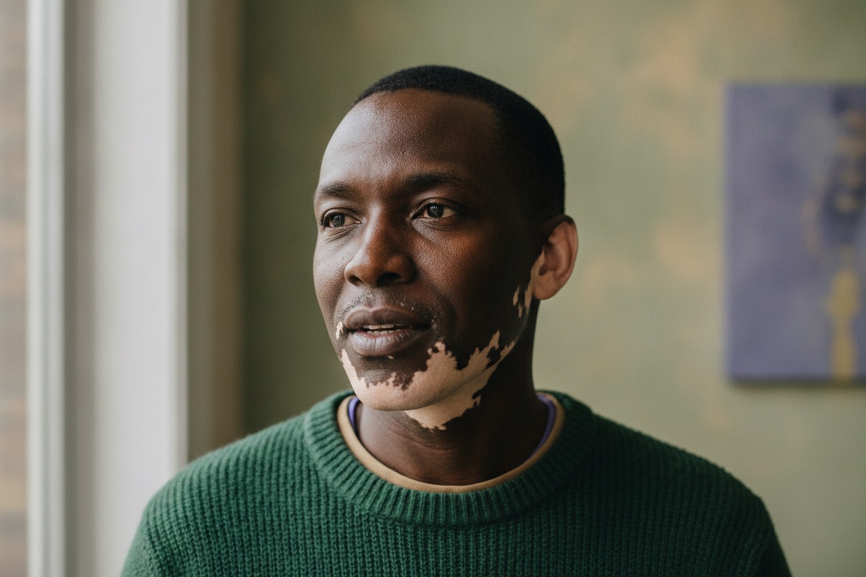 Fictional adult with deep-brown skin and vitiligo visible on the jaw and neck.
