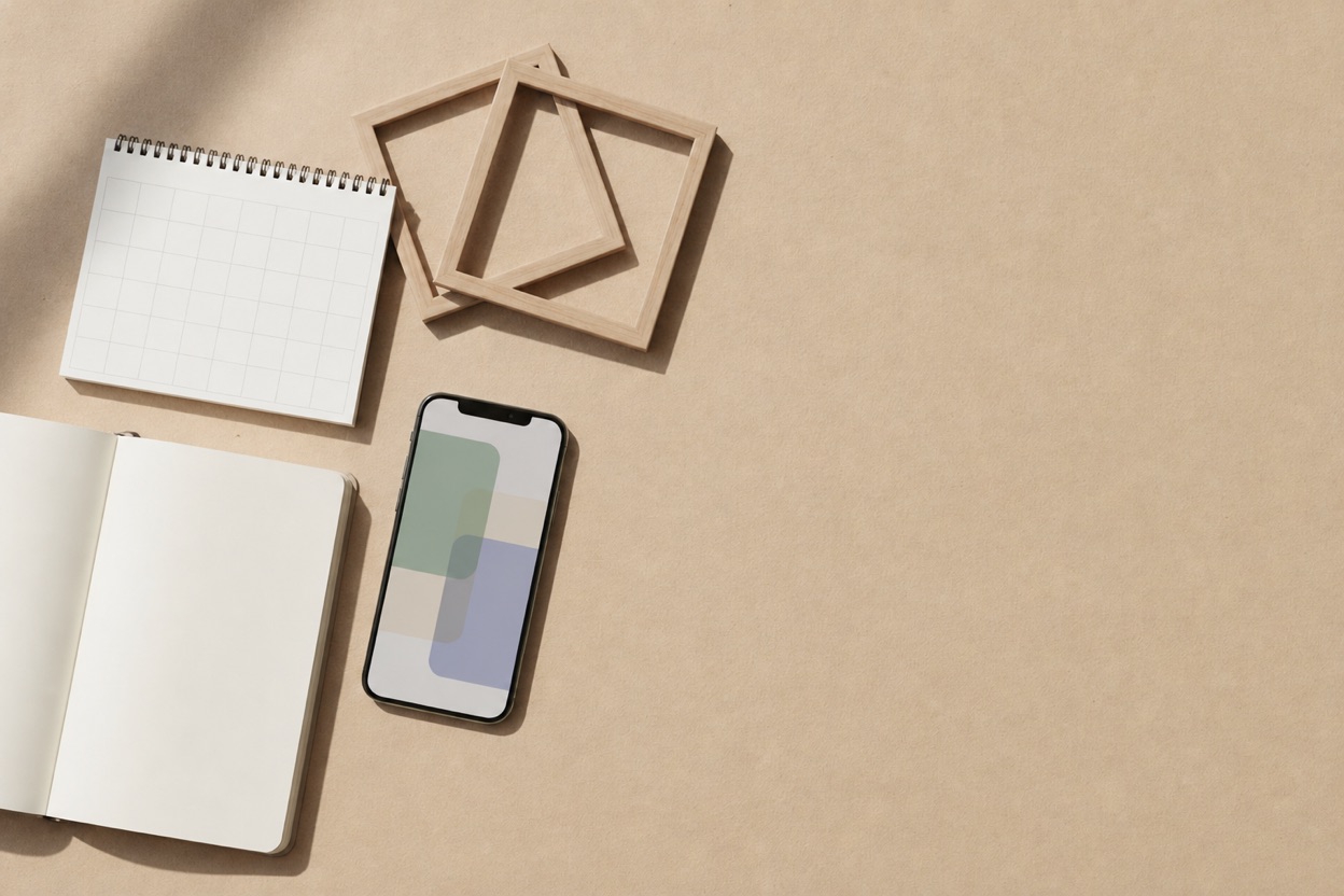 Blank notebook and calendar, empty wooden frames, and an unbranded phone arranged on a warm desk.