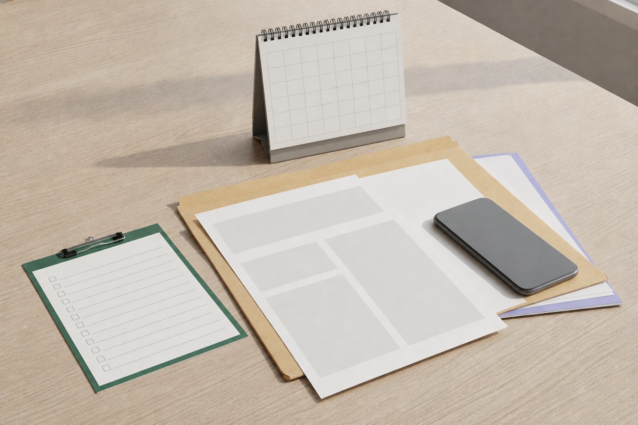 Blank checklist, unlabeled calendar, abstract paperwork, folder and unbranded phone arranged on a desk.