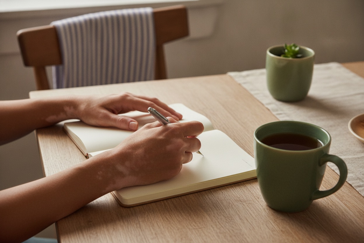Fictional adult with vitiligo on their hands writing in a notebook at a kitchen table.