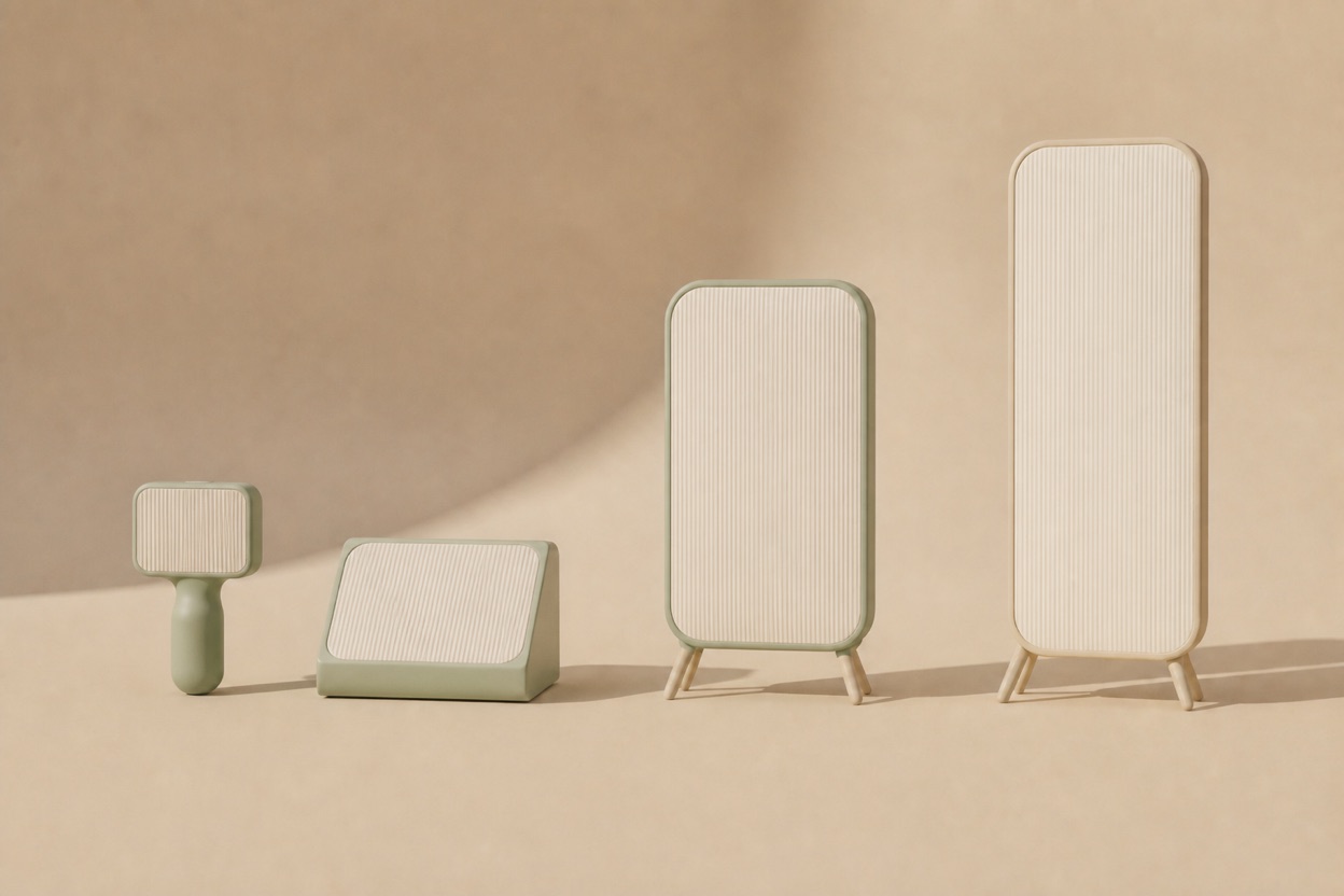 Four generic powered-off phototherapy forms arranged by size: handheld, tabletop, partial-body panel and full-height panel.