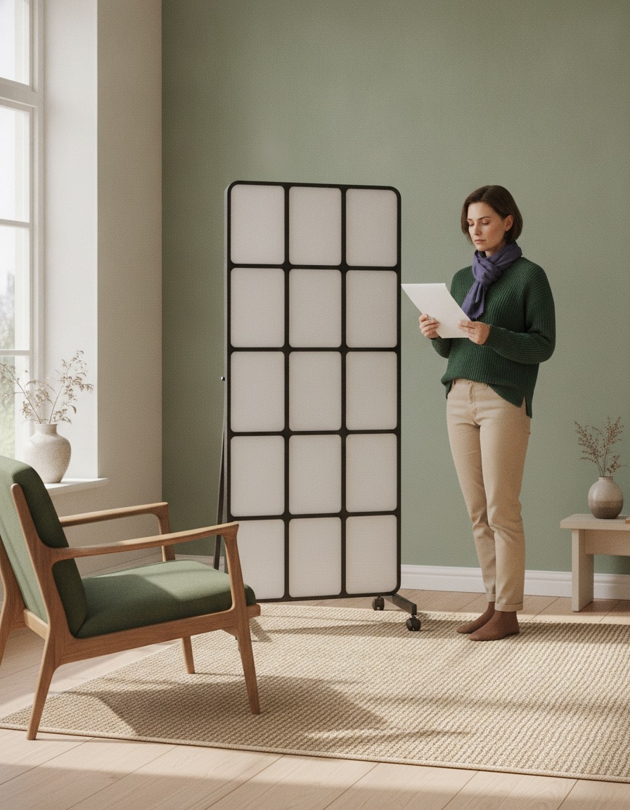 Fully clothed fictional adult reading a blank checklist beside a tall powered-off grid-front panel.